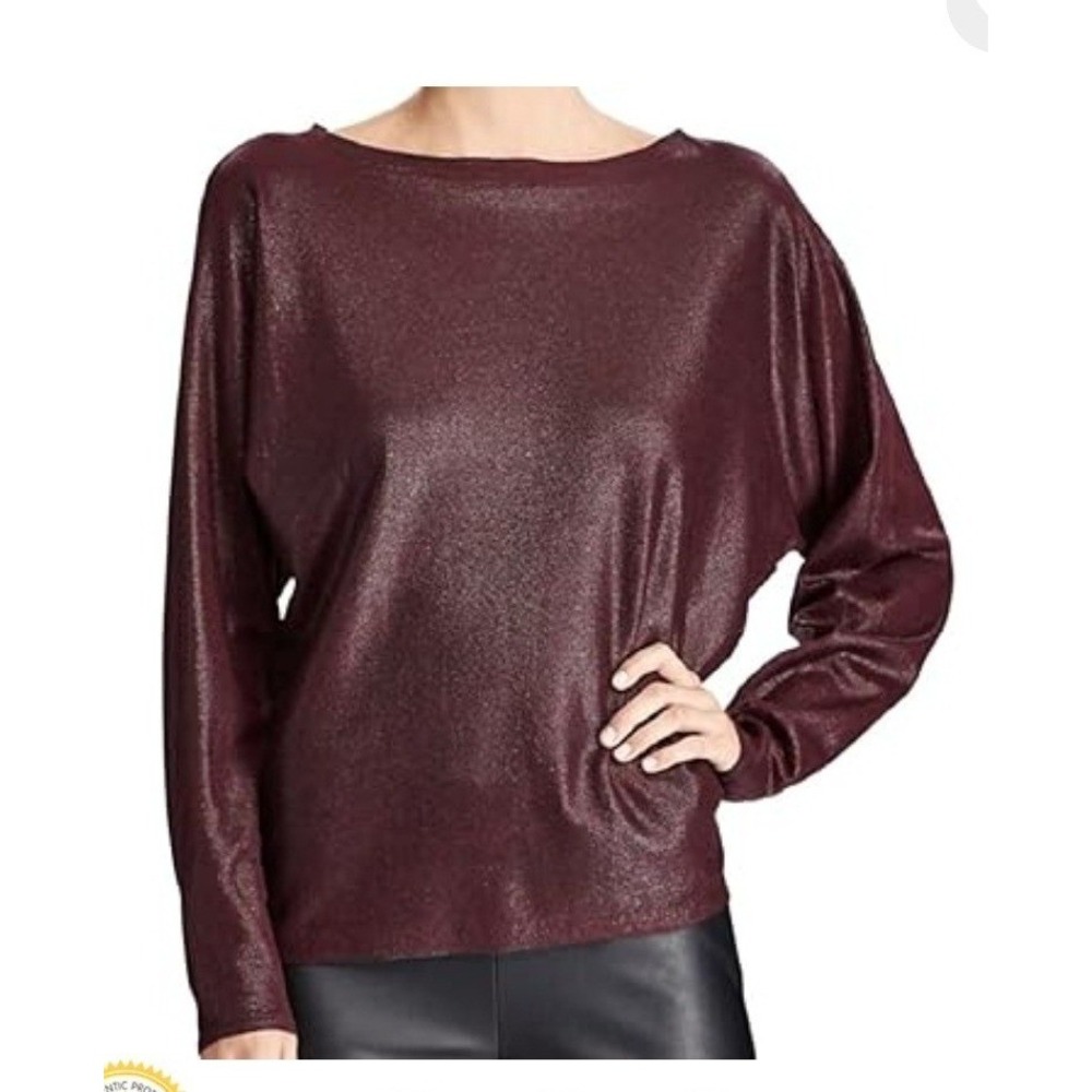 Lauren Ralph Lauren Shimmer Long‎ Sleeve Boat Neck Top Burgundy Size L